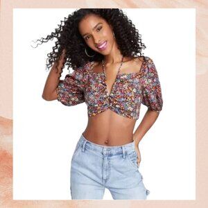 Floral Print Colorful Puff Sleeve Cropped Blouse